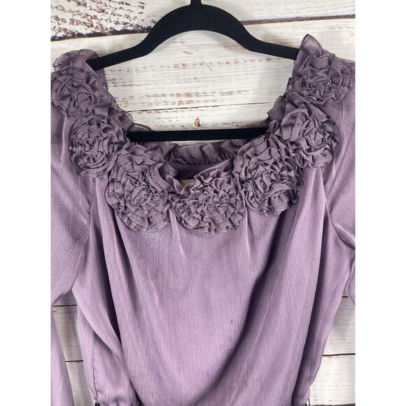 Victor Costa Shirt Women's Medium Purple Ruffle Rosette Peplum Sheer Top Belted - Picture 3 of 8